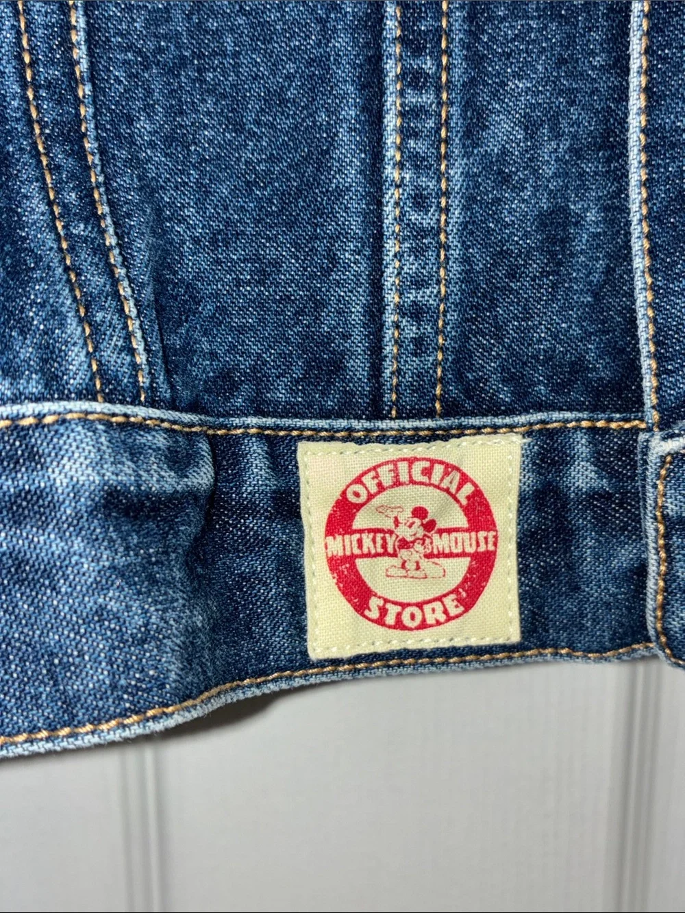 Disney Mickey Mouse Denim JEAN Jacket LARGE Patch Sz 7/8